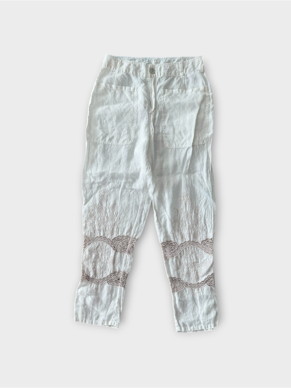 Johnny Was STASHA HIGHWAIST
PANT White Linen with Beige Crochet Insets | Small